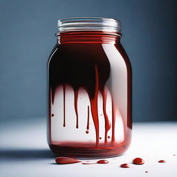 A striking hyper-realistic image of a jar filled with blood