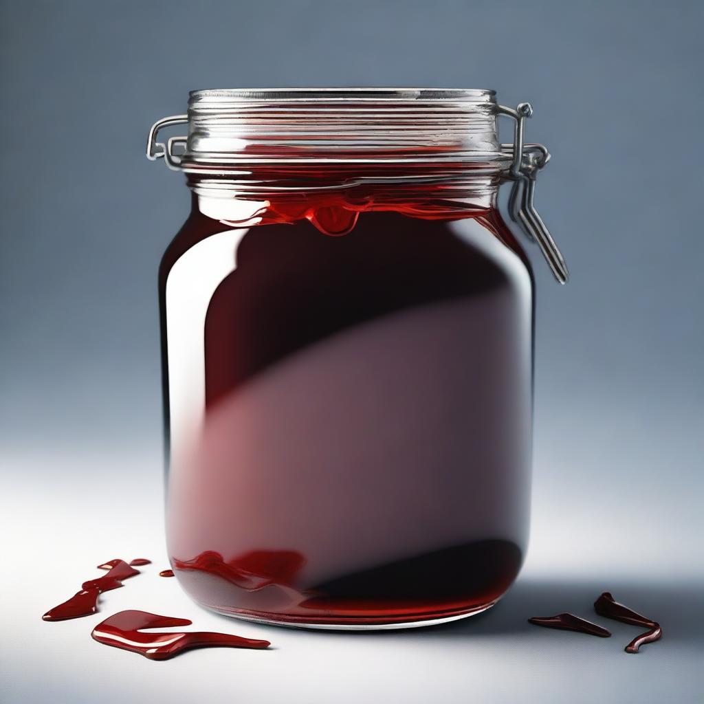 A striking hyper-realistic image of a jar filled with blood