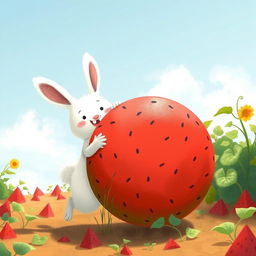 In a bright and sunny watermelon field, a cute white bunny is joyfully walking forward while hugging a super huge watermelon