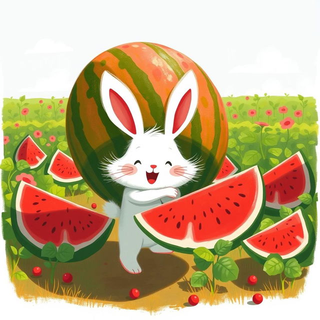 In a bright and sunny watermelon field, a cute white bunny is joyfully walking forward while hugging a super huge watermelon