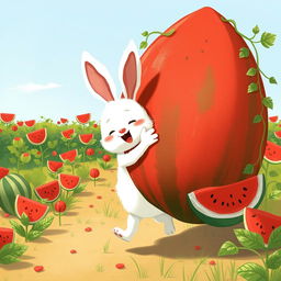 In a bright and sunny watermelon field, a cute white bunny is joyfully walking forward while hugging a super huge watermelon