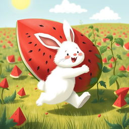 In a bright and sunny watermelon field, a cute white bunny is joyfully walking forward while hugging a super huge watermelon