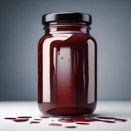 A striking hyper-realistic image of a jar filled with blood