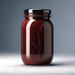 A hyper-realistic image displaying a jar filled with red blood