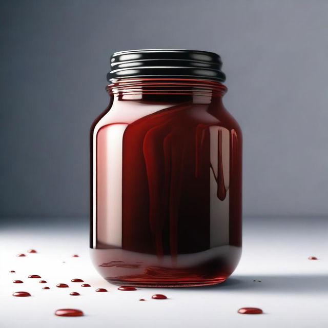 A hyper-realistic image displaying a jar filled with red blood