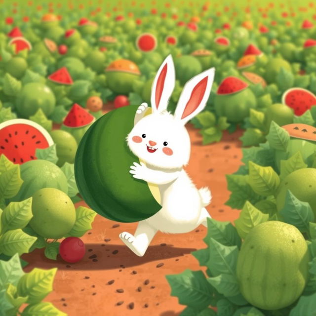 In a vibrant watermelon field, a cute white bunny is delightfully walking forward while hugging an enormous watermelon