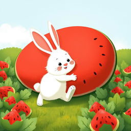 In a vibrant watermelon field, a cute white bunny is delightfully walking forward while hugging an enormous watermelon