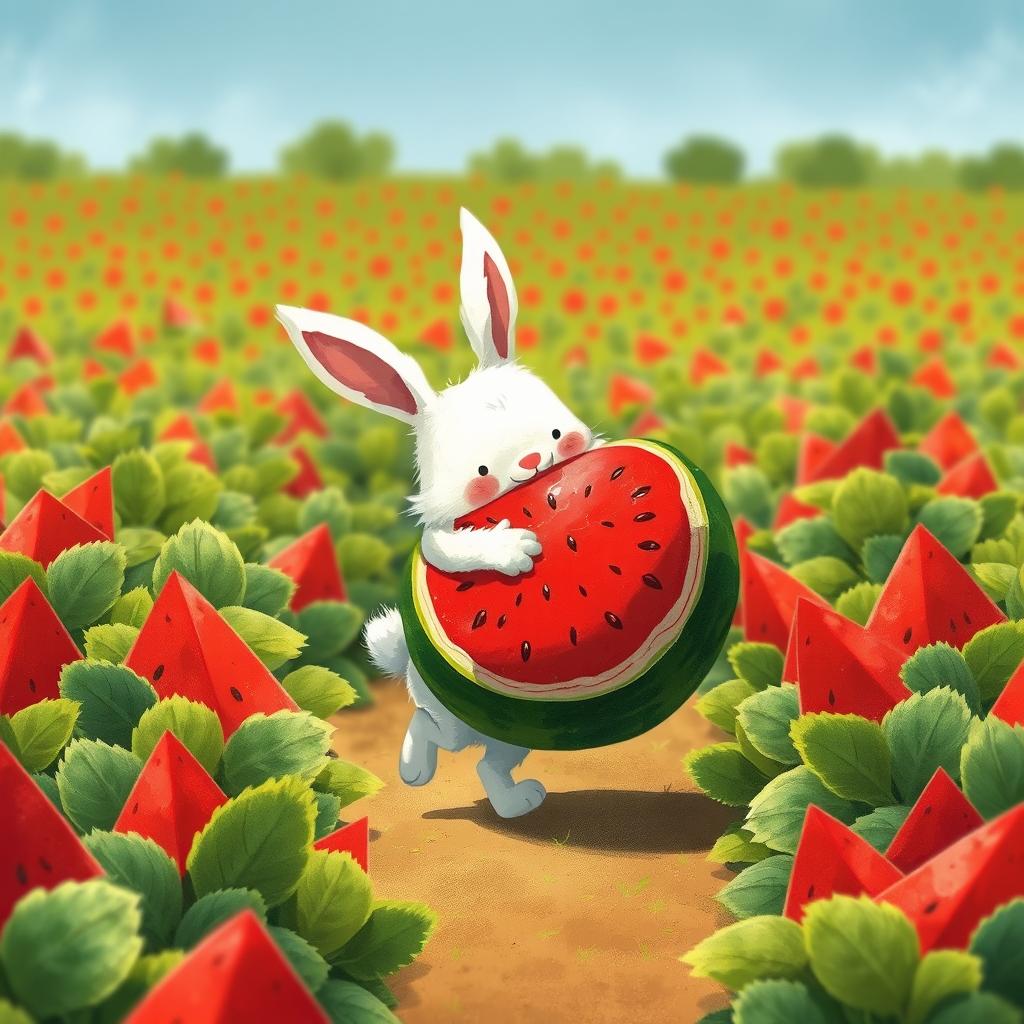 In a vibrant watermelon field, a cute white bunny is delightfully walking forward while hugging an enormous watermelon