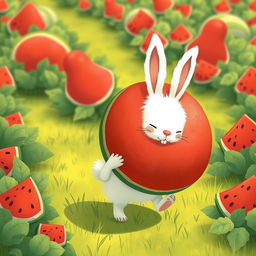 In a vibrant watermelon field, a cute white bunny is delightfully walking forward while hugging an enormous watermelon