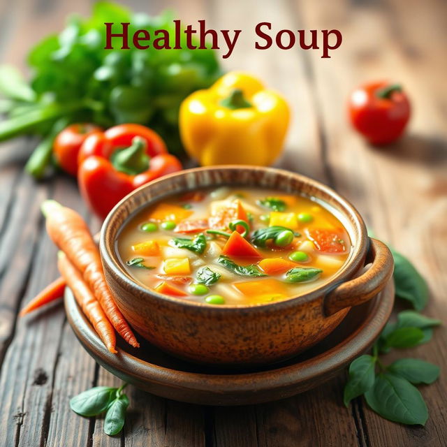 A vibrant and colorful flex banner showcasing a healthy vegetable soup, with a delightful mix of fresh vegetables like carrots, peas, bell peppers, and spinach