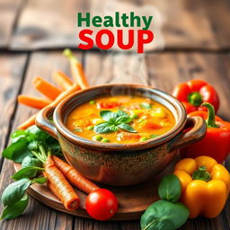 A vibrant and colorful flex banner showcasing a healthy vegetable soup, with a delightful mix of fresh vegetables like carrots, peas, bell peppers, and spinach