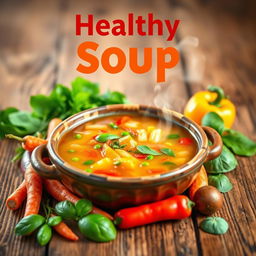 A vibrant and colorful flex banner showcasing a healthy vegetable soup, with a delightful mix of fresh vegetables like carrots, peas, bell peppers, and spinach
