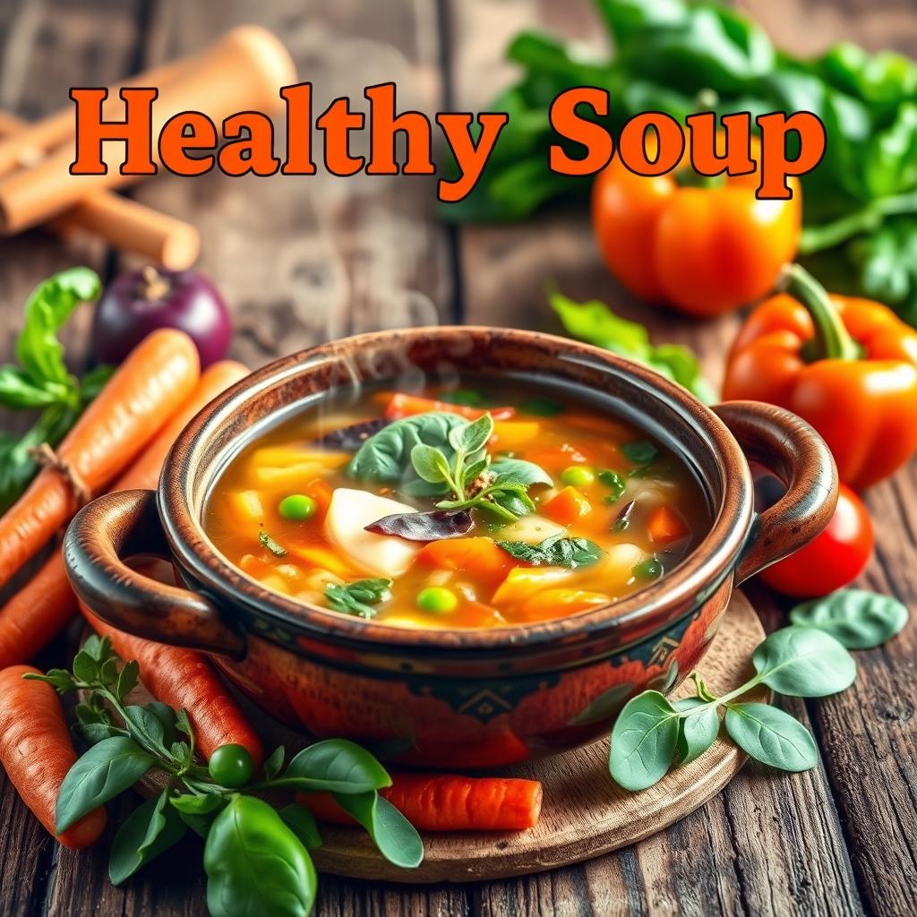 A vibrant and colorful flex banner showcasing a healthy vegetable soup, with a delightful mix of fresh vegetables like carrots, peas, bell peppers, and spinach