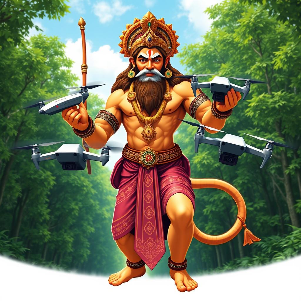 Lord Hanuman, the Hindu deity, is depicted in a vibrant, dynamic pose holding drones in his powerful hands