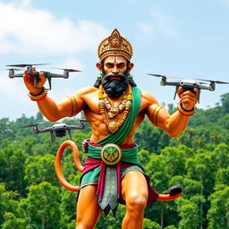 Lord Hanuman, the Hindu deity, is depicted in a vibrant, dynamic pose holding drones in his powerful hands