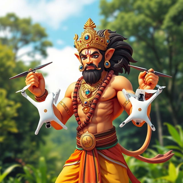 Lord Hanuman, the Hindu deity, is depicted in a vibrant, dynamic pose holding drones in his powerful hands