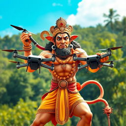 Lord Hanuman, the Hindu deity, is depicted in a vibrant, dynamic pose holding drones in his powerful hands