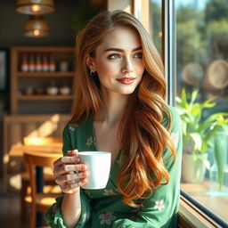A beautiful, realistic portrait of a young woman with long flowing auburn hair, sitting gracefully in a sunlit café