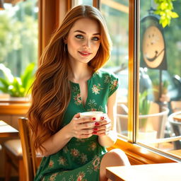 A beautiful, realistic portrait of a young woman with long flowing auburn hair, sitting gracefully in a sunlit café