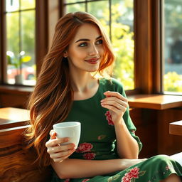 A beautiful, realistic portrait of a young woman with long flowing auburn hair, sitting gracefully in a sunlit café