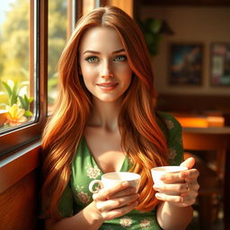 A beautiful, realistic portrait of a young woman with long flowing auburn hair, sitting gracefully in a sunlit café