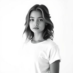 A black and white portrait of a girl wearing a white t-shirt, standing against a white background