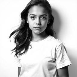 A black and white portrait of a girl wearing a white t-shirt, standing against a white background