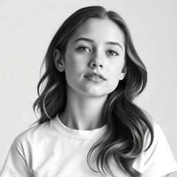 A black and white portrait of a girl wearing a white t-shirt, standing against a white background