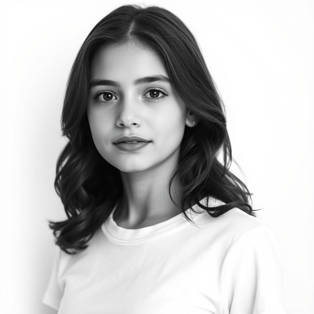 A black and white portrait of a girl wearing a white t-shirt, standing against a white background