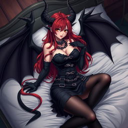 A sexy gothic anime girl, embodying a seductive demon aesthetic, featuring striking demonic wings and prominent horns