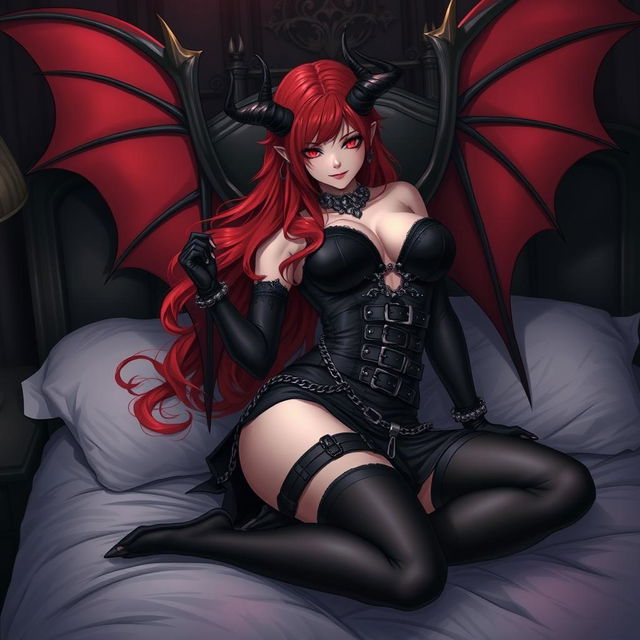 A sexy gothic anime girl, embodying a seductive demon aesthetic, featuring striking demonic wings and prominent horns