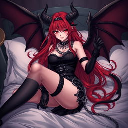 A sexy gothic anime girl, embodying a seductive demon aesthetic, featuring striking demonic wings and prominent horns