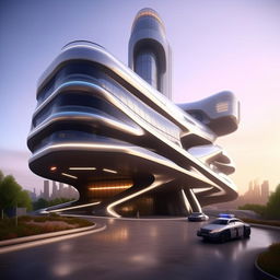 driveway and entrance of futuristic high-rise Police headquarters with helipad in city center in broad daylight based on https://files.dreamhome.software/files/static/36947