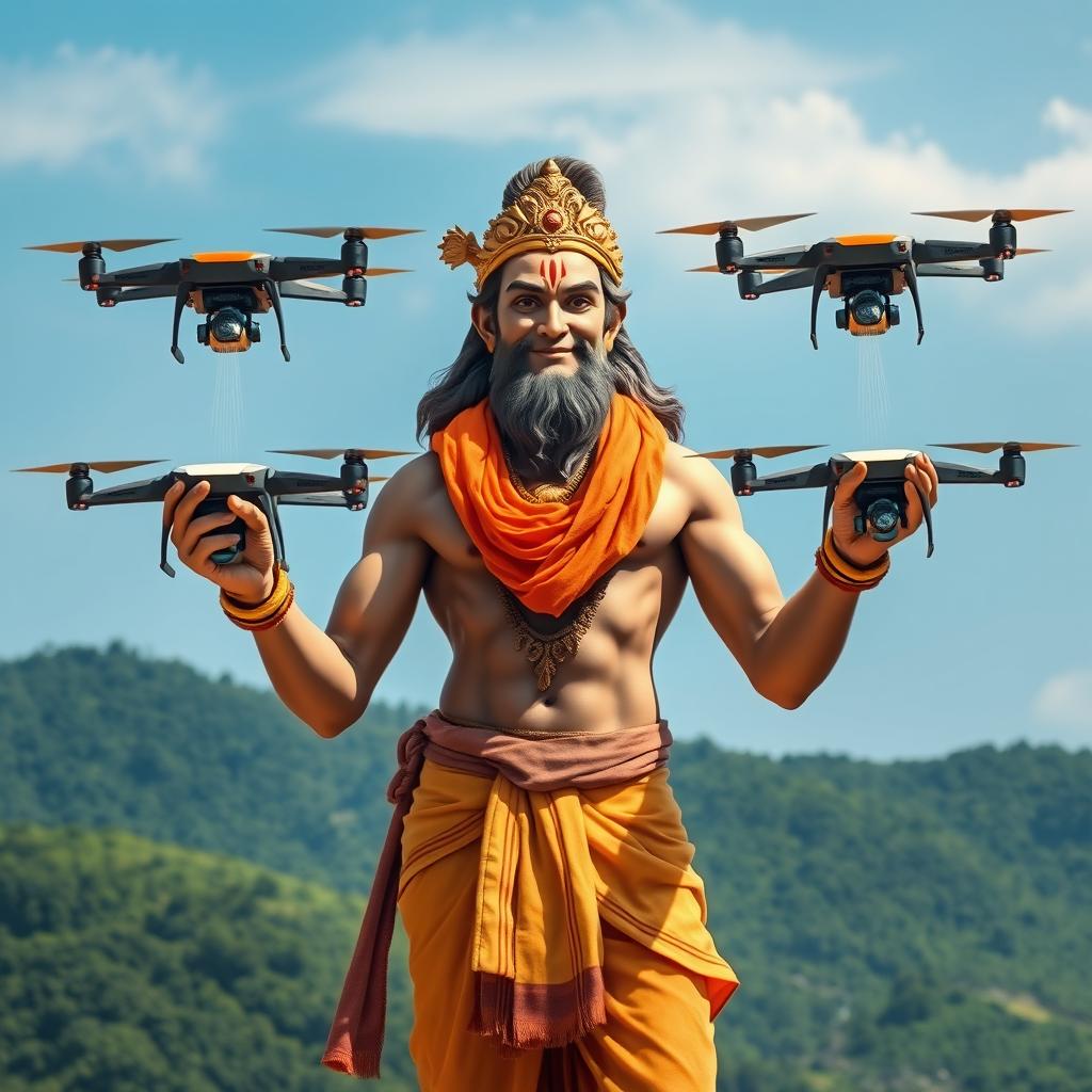 A powerful depiction of Lord Hanuman, the Hindu deity, majestically holding water-spraying drones in each hand