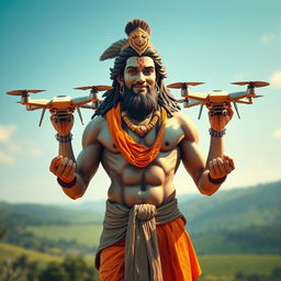 A powerful depiction of Lord Hanuman, the Hindu deity, majestically holding water-spraying drones in each hand