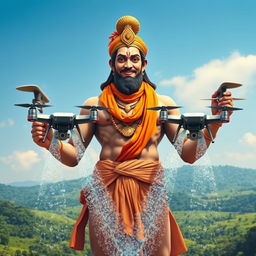 A powerful depiction of Lord Hanuman, the Hindu deity, majestically holding water-spraying drones in each hand
