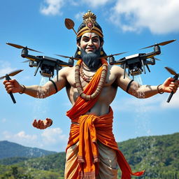 A powerful depiction of Lord Hanuman, the Hindu deity, majestically holding water-spraying drones in each hand