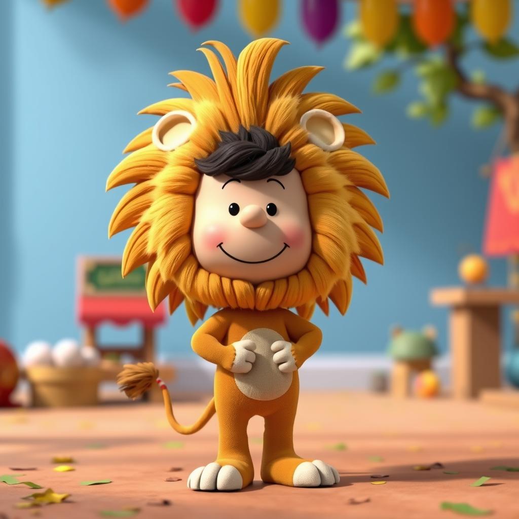 A cartoon character from Peanuts dressed in a male lion costume with a magnificent mane