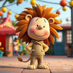 A cartoon character from Peanuts dressed in a male lion costume with a magnificent mane