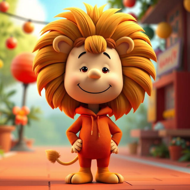 A cartoon character from Peanuts dressed in a male lion costume with a magnificent mane