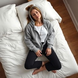 A casual photo from an elevated angle of a woman sitting on a white quilted bed in a relaxed pose