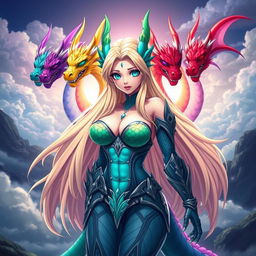 A stunning anime girl inspired by Tiamat from Dungeons & Dragons, featuring five colorful dragon heads representing her chromatic dragon forms