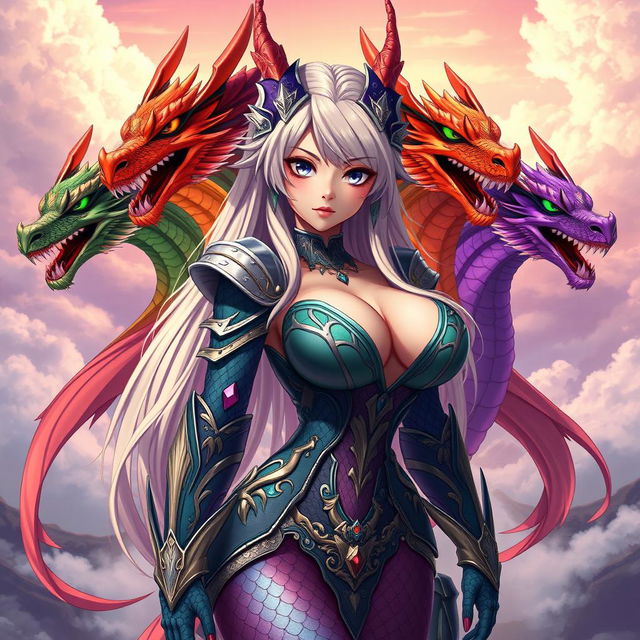 A stunning anime girl inspired by Tiamat from Dungeons & Dragons, featuring five colorful dragon heads representing her chromatic dragon forms