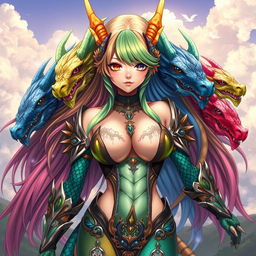 A stunning anime girl inspired by Tiamat from Dungeons & Dragons, featuring five colorful dragon heads representing her chromatic dragon forms
