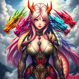 A stunning anime girl inspired by Tiamat from Dungeons & Dragons, featuring five colorful dragon heads representing her chromatic dragon forms