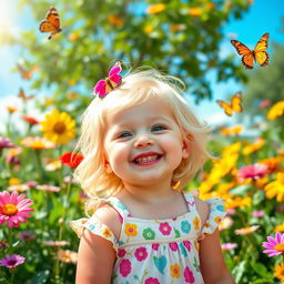 A cheerful, chubby young girl with bright blonde hair, around 10 years old, smiling in a vibrant outdoor scene filled with colorful flowers, butterflies, and a sunny blue sky