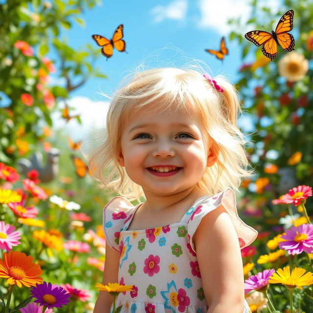 A cheerful, chubby young girl with bright blonde hair, around 10 years old, smiling in a vibrant outdoor scene filled with colorful flowers, butterflies, and a sunny blue sky