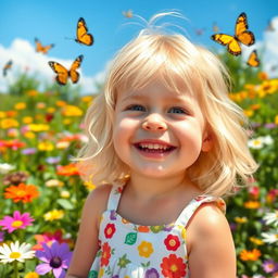 A cheerful, chubby young girl with bright blonde hair, around 10 years old, smiling in a vibrant outdoor scene filled with colorful flowers, butterflies, and a sunny blue sky