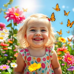A cheerful, chubby young girl with bright blonde hair, around 10 years old, smiling in a vibrant outdoor scene filled with colorful flowers, butterflies, and a sunny blue sky