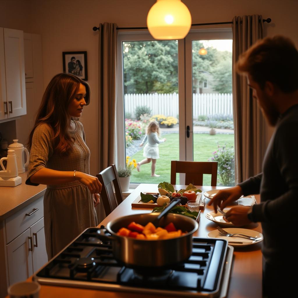 A cozy family scene set in a warm kitchen during the evening